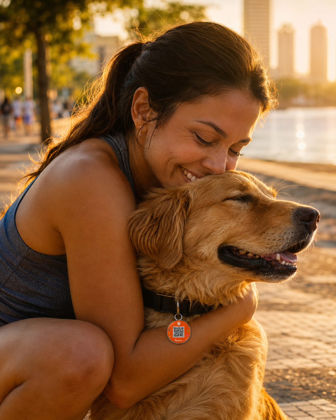 Tutora abraçando o cachorro no fim de tarde