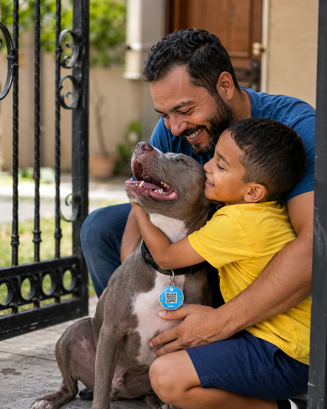 Família reunida com o cachorro na porta de casa