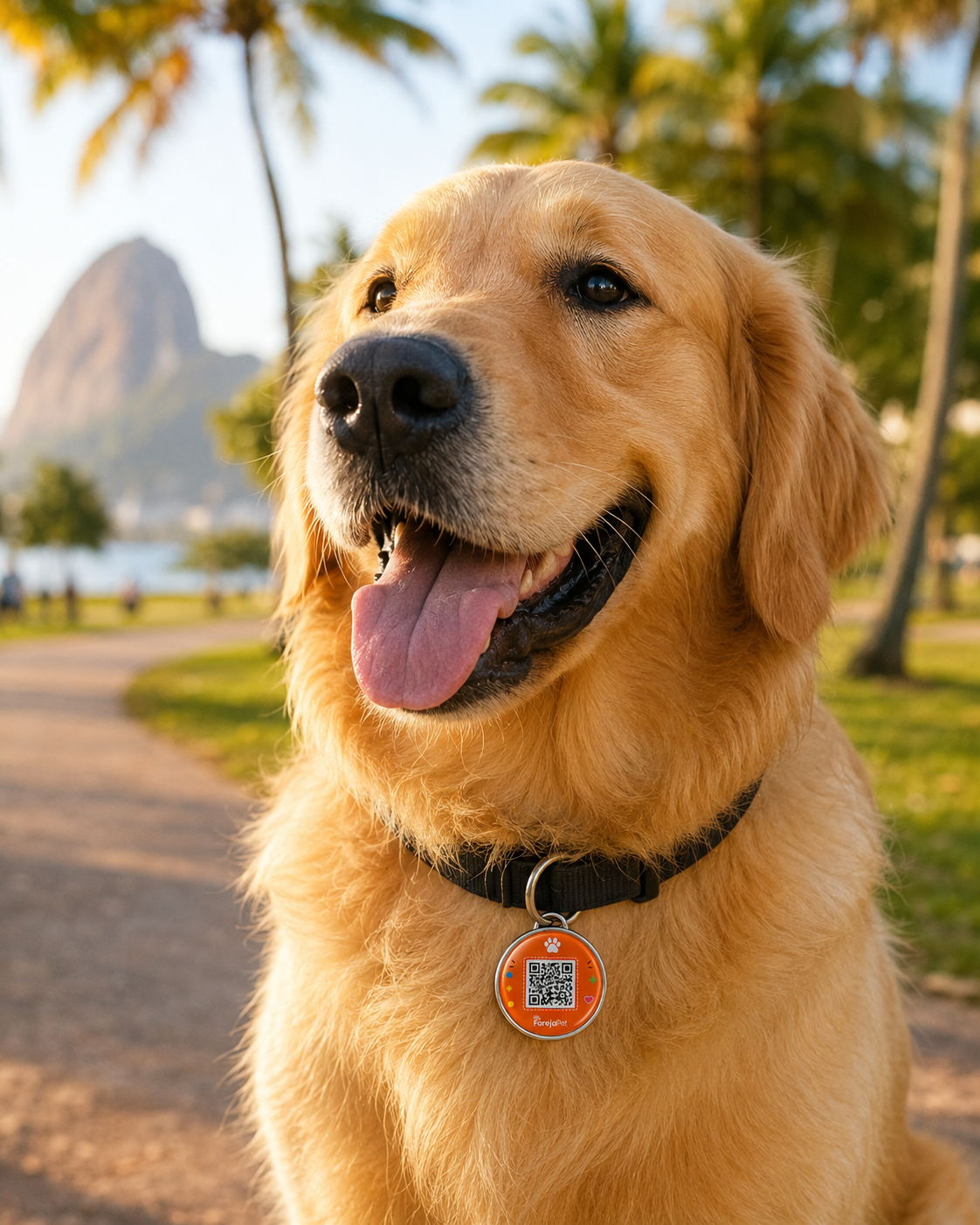 Golden retriever usando a coleira com a tag FarejaPet