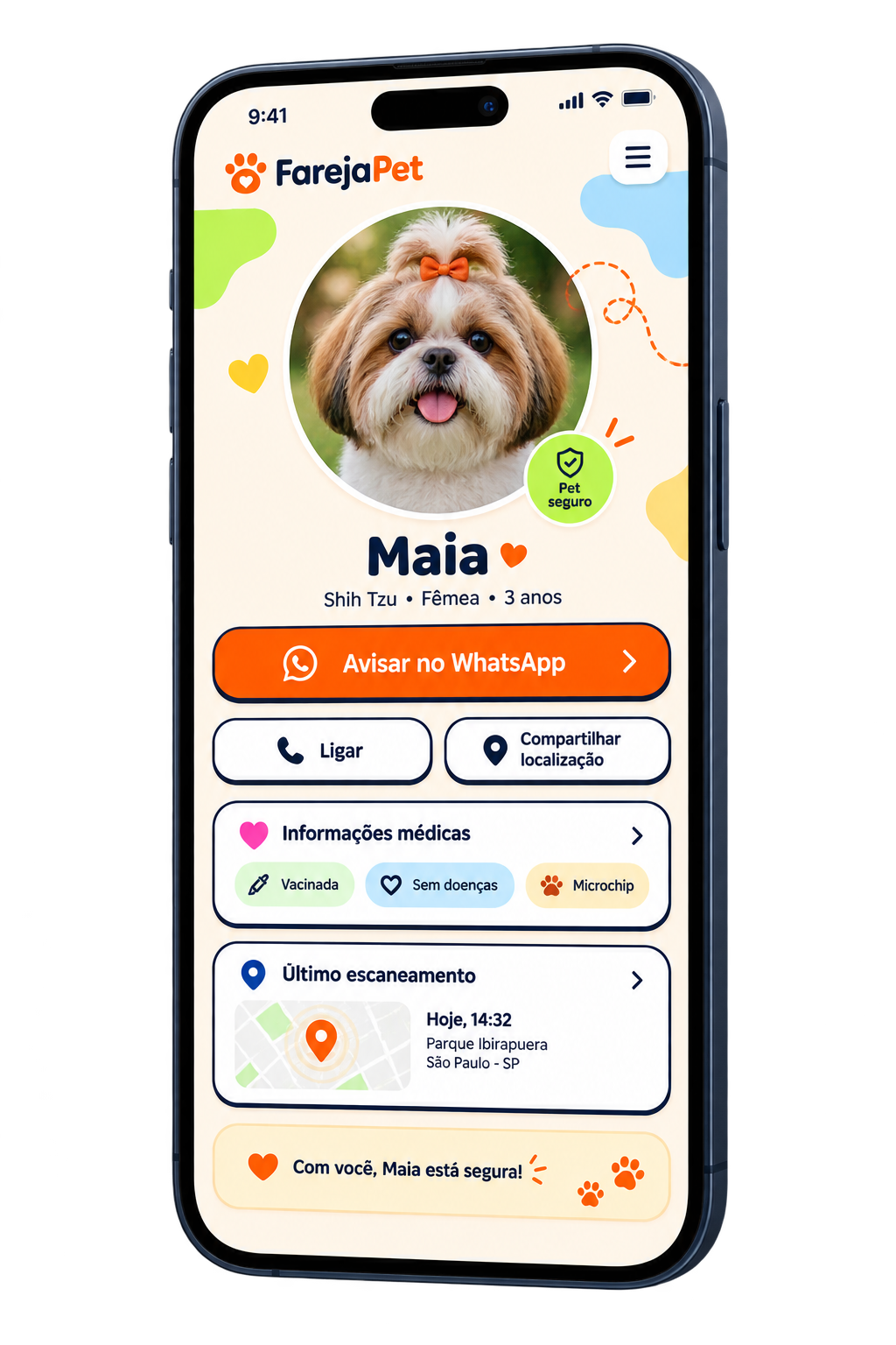 Celular mostrando a ficha pública de um pet depois de escanear o QR