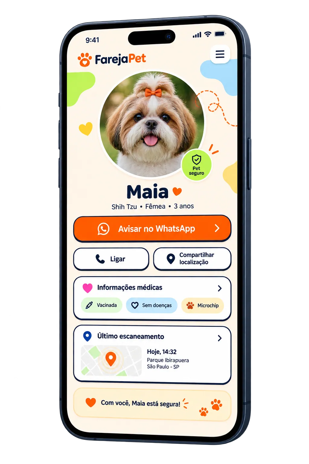 Celular mostrando a ficha pública de um pet depois de escanear o QR