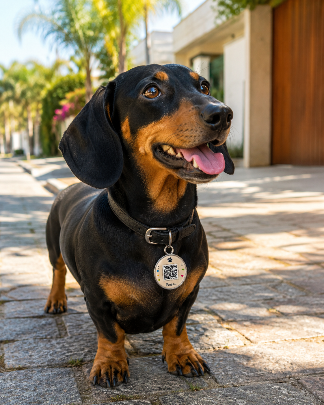 Dachshund usando a coleira com a tag FarejaPet