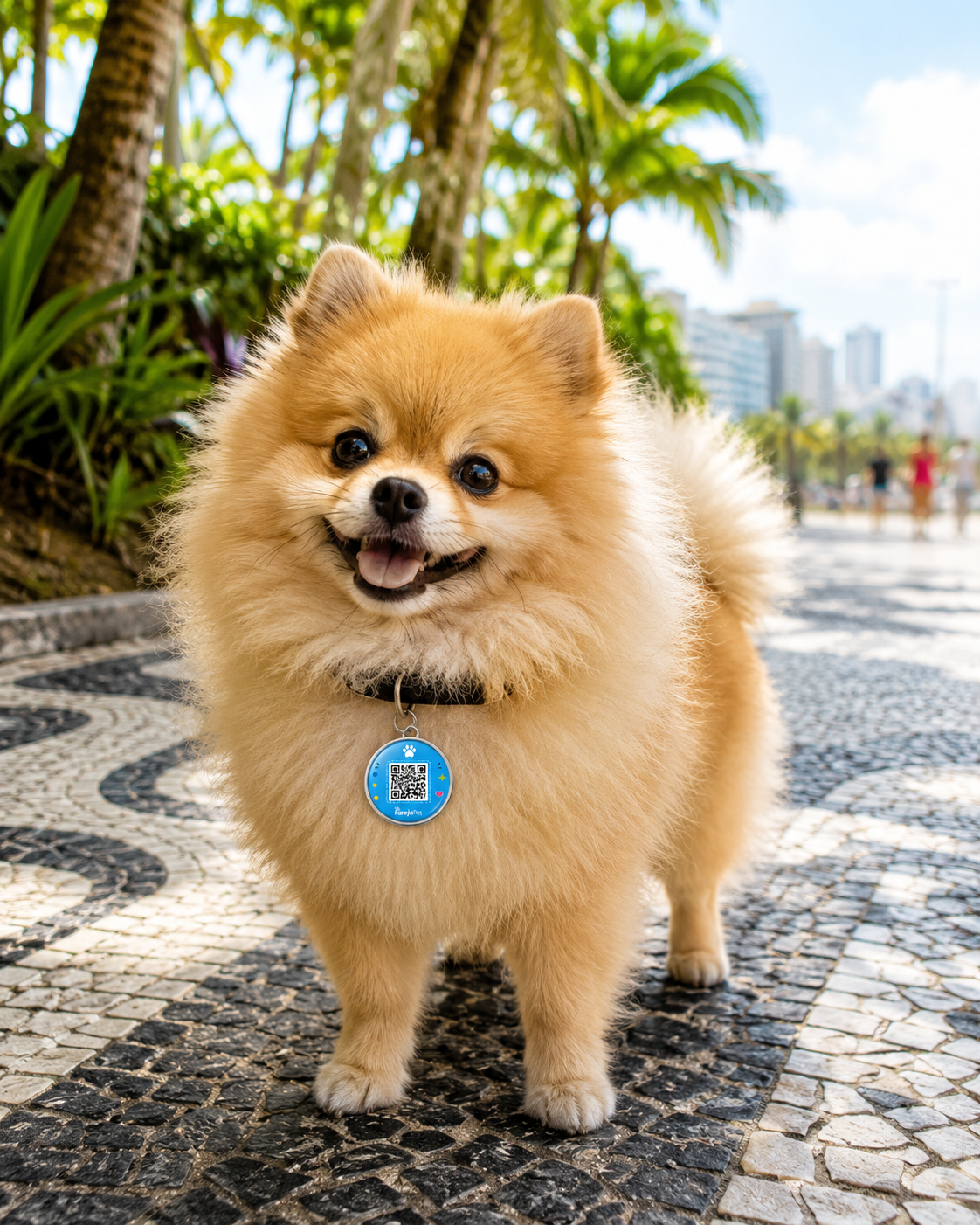 Pet usando a tag FarejaPet presa à coleira