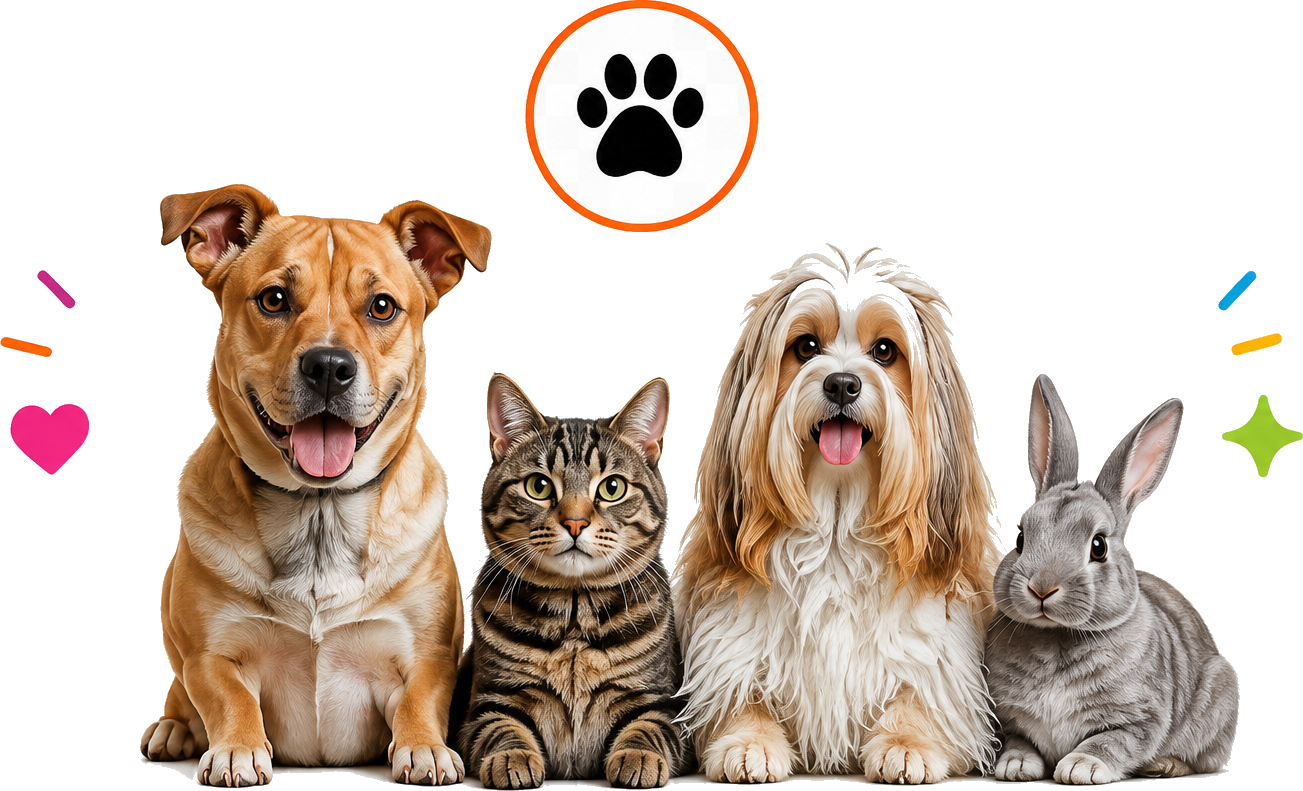 Cachorro, gato, cão de pelo longo e coelho lado a lado