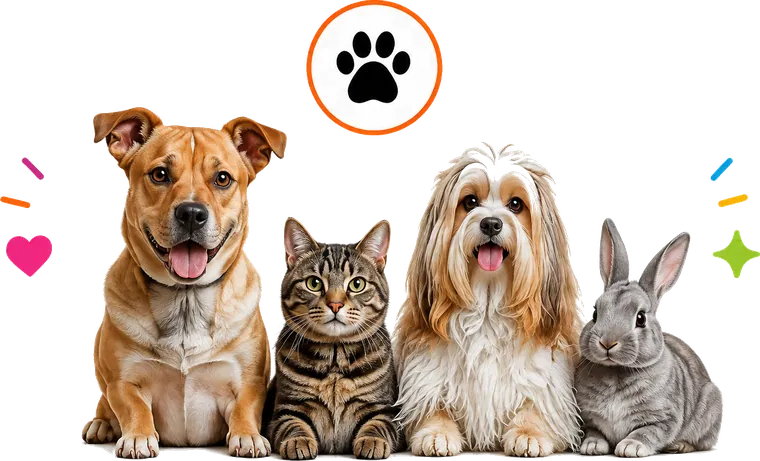 Cachorro, gato, cão de pelo longo e coelho lado a lado