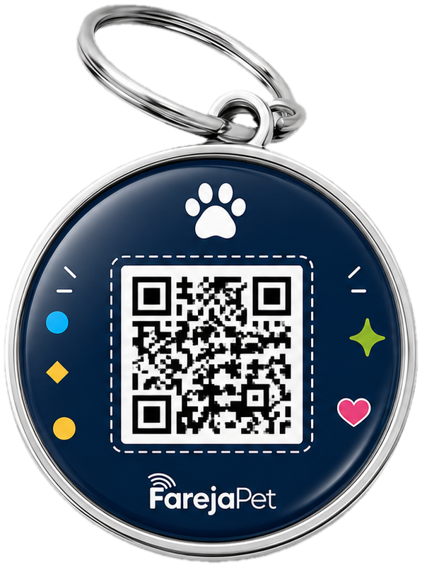 Tag FarejaPet preta, de resina e metal, com QR Code