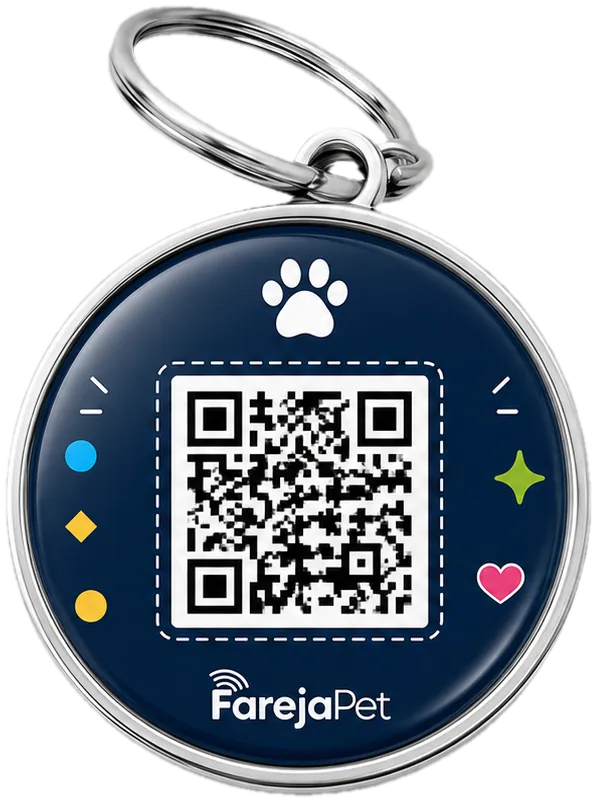 Tag FarejaPet preta, de resina e metal, com QR Code
