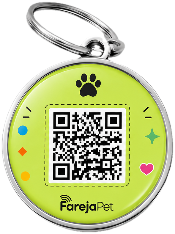 Tag FarejaPet lima, de resina e metal, com QR Code
