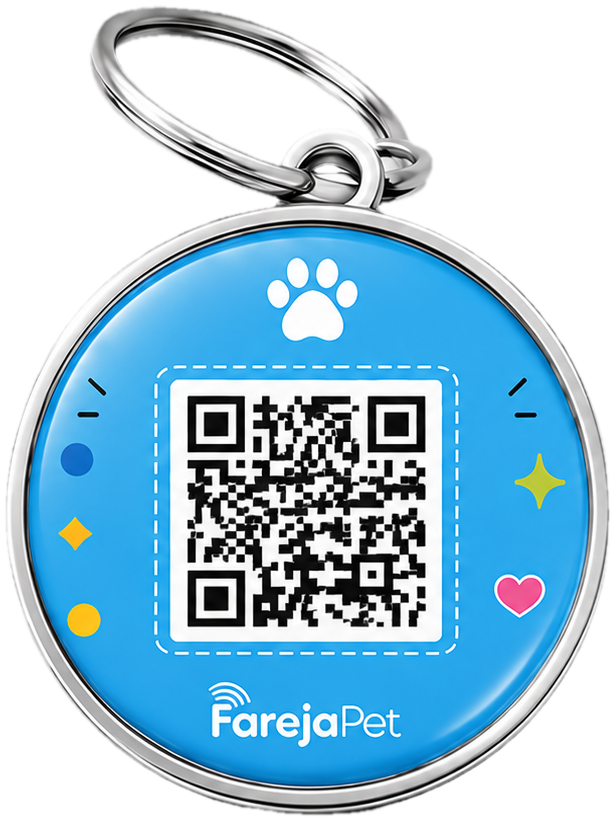 Tag FarejaPet azul, de resina e metal, com QR Code