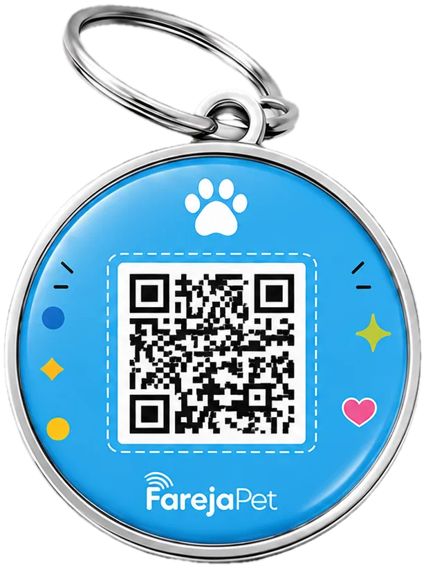 Tag FarejaPet azul, de resina e metal, com QR Code