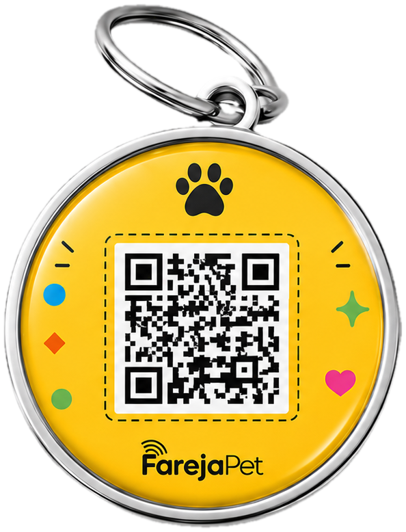 Tag FarejaPet amarela, de resina e metal, com QR Code