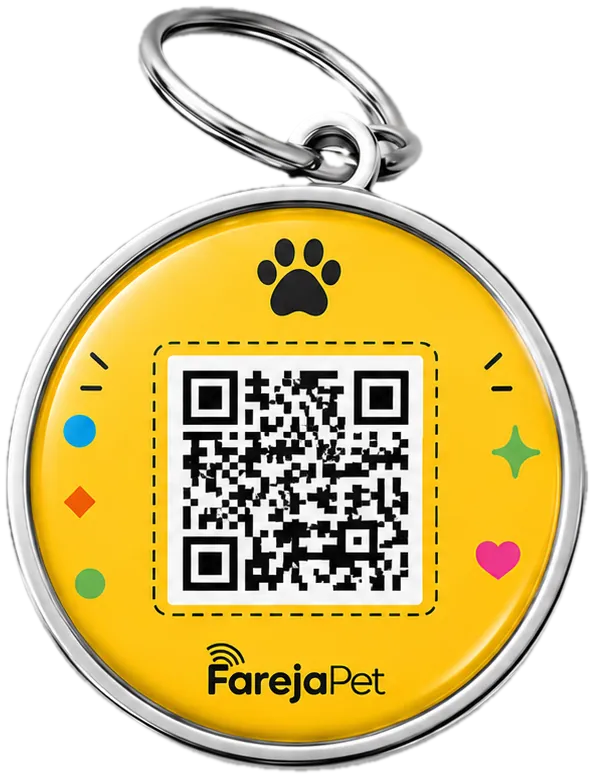Tag FarejaPet amarela, de resina e metal, com QR Code